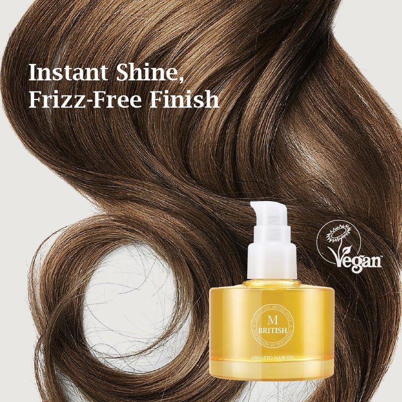 BRITISH M Annatto Hair Oil 4.73 fl. oz â€“ Frizz-Free Shine, Deep Hydration, Natural Vegan Formula, UV Protection, Salon-Quality for All Hair Types - Image 4